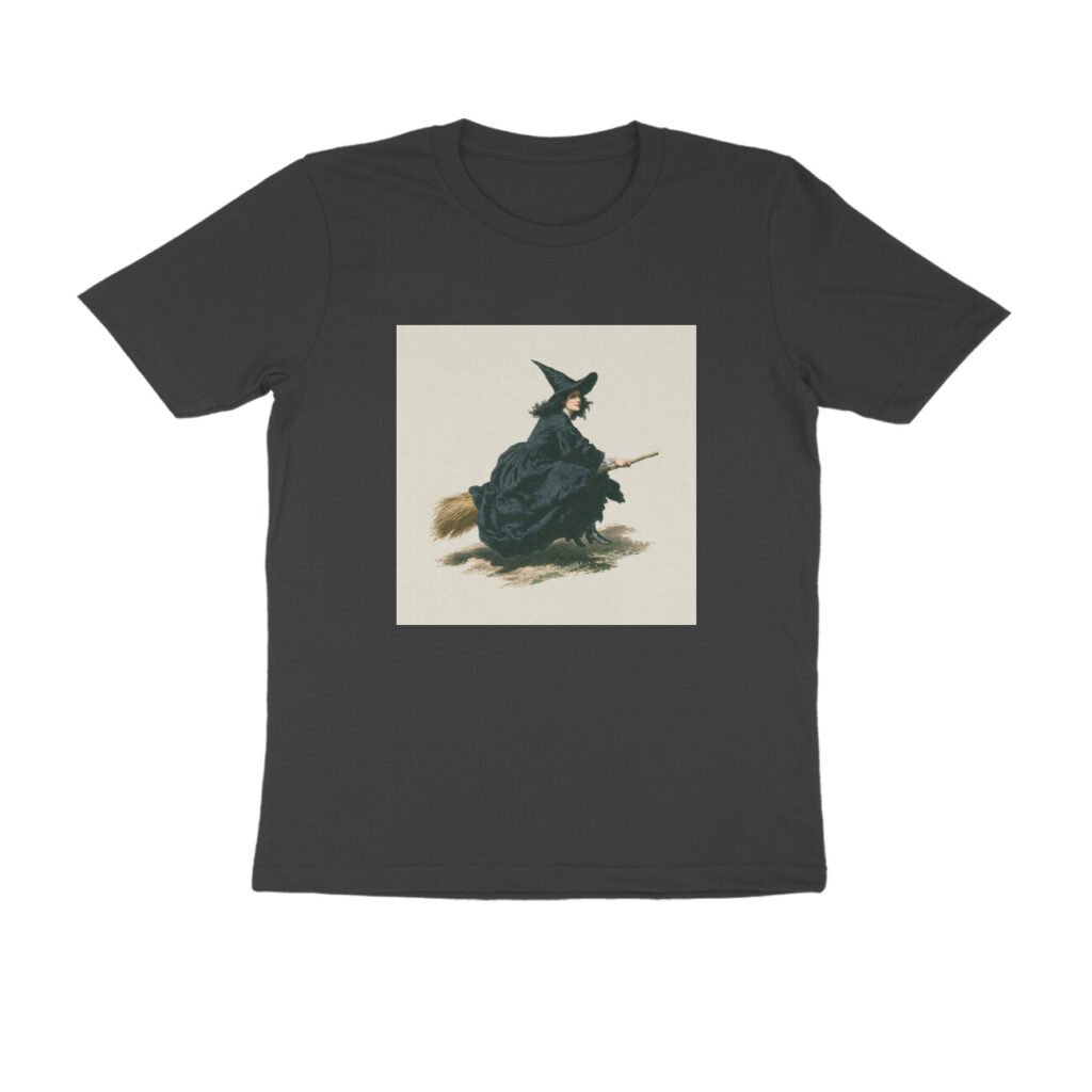 Half sleeve round neck : Vintage witch flying on broomstick